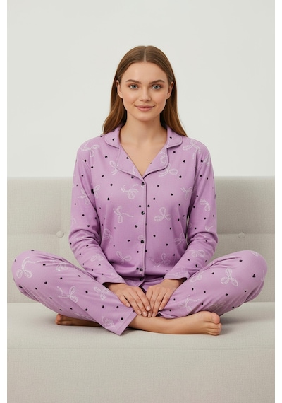 Süet Gömlek Pijama Takımı 7108 Çiçekli Pembe Pembe
