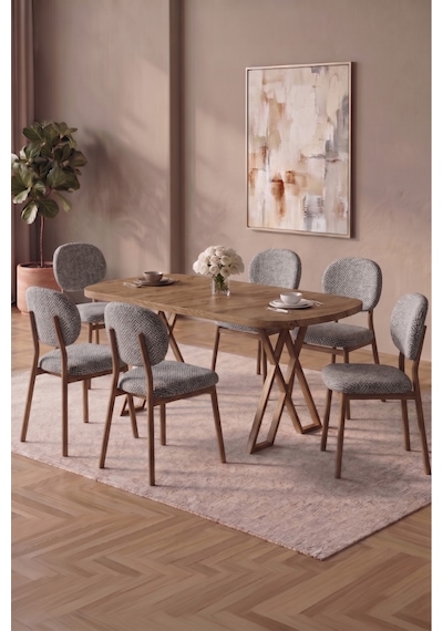 Hooli 90x168 Antik Çam Mdf Masa, Metal X Ayak, Metal Sandalye, 6 Kişilik Mutfak Masası Takımı Ve Yemek Masası Takımı Açık Gri
