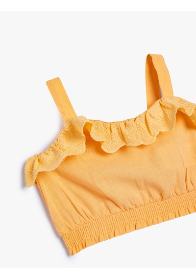 Koton Crop Bluz Askılı Beli Lastikli Fırfır Detaylı Pamuklu Turuncu 4smg60065aw Turuncu