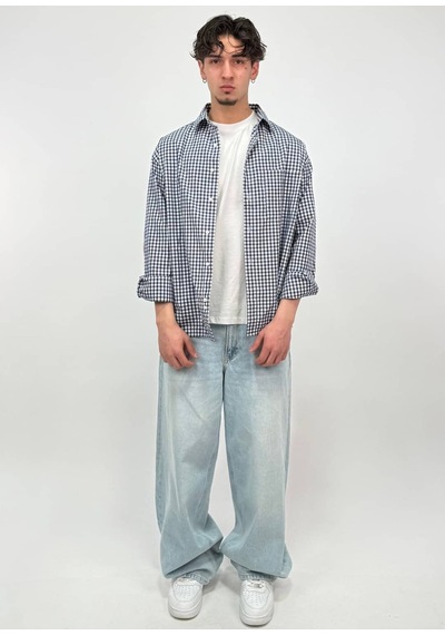 Zaee 404 Baskılı Kareli Oversize Gömlek Mavi / Beyaz