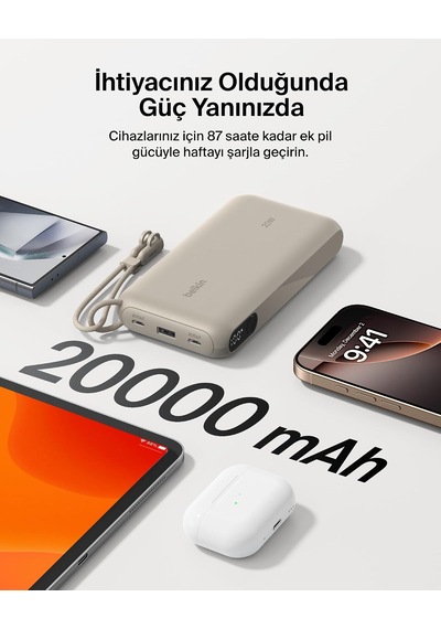 Belkin Boostcharge Power Bank 20000 Mah Display, Pd 20w Usb-c Kablolu Bej