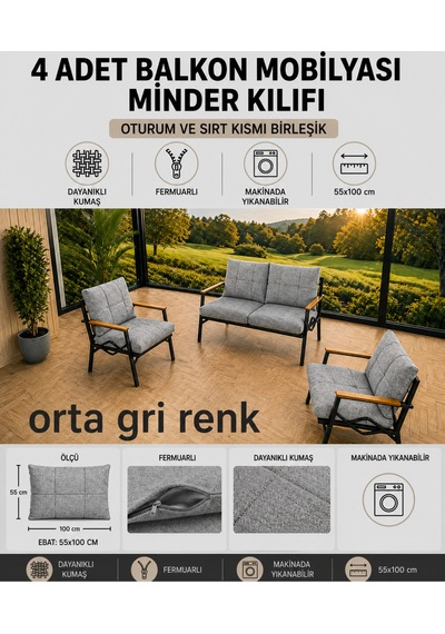 Doruk Home Doruk Bahçe Mobilyası Minderi 55x110cm 4 Adet Balkon Mobilyası Minder Kılıfı Gri