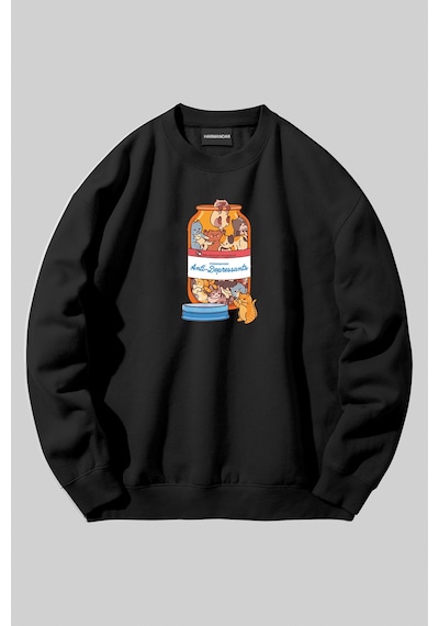 Harmandar Kedi Baskılı Unisex Siyah Bisiklet Yaka Sweatshirt Antikedibisiklet