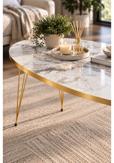 Sulorahome Elips Gold Orta Sehpa Altın - Mermer