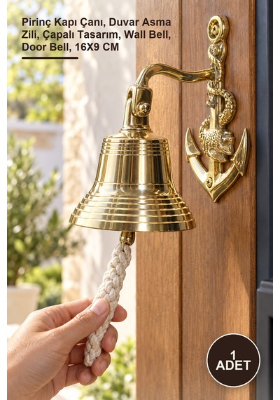 1 Adet Pirinç Duvara Asmalı Çapalı Çan Pirinç Kapı Çanı, Duvar Asma Zili, Çapalı Tasarım, Wall Bell, Door Bell, 16x9 Cm