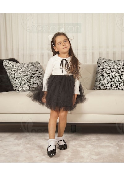 Kız Çocuk Bebe Yaka Uzun Kollu Astarlı Tüllü Elbise Uzun-siyah Siyah