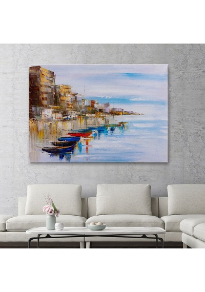 Es10 Özel Tasarım Sahildeki Renkli Tekneler Dekoratif Kanvas Duvar Tablosu-3723 (50 x 70)