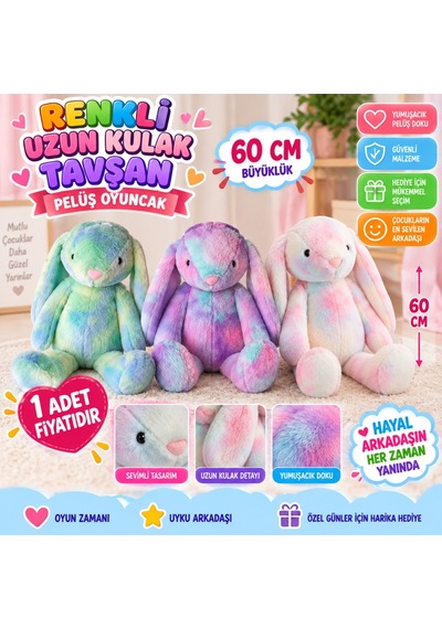 Storeşahin 62450 60 Cm Renkli Uzun Kulak Tavşan Peluş Oyuncak Adet Fiyatıdır Shn0720 Çok Renkli