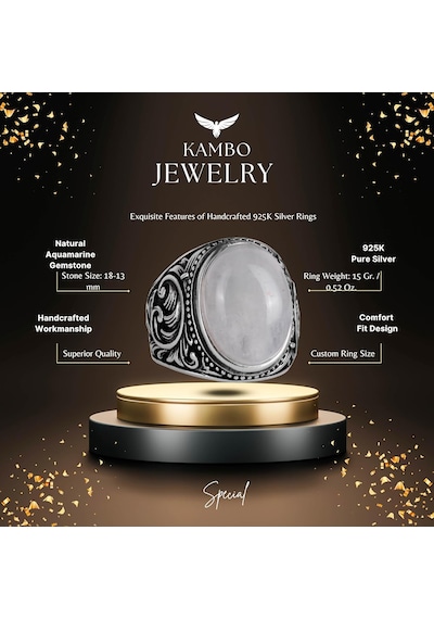 Gerçek Doğal Cabochon Akuamarin Taş Yüzük - Sakin 925k Solid Gümüş Erkek Yüzük - Şeffaflık Ve Huzur Tasarımı Gümüş