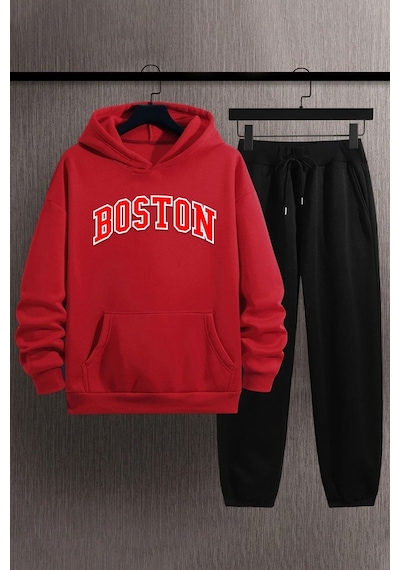 Uyguntarz Unisex Boston Baskılı Eşofman Takımı Kırmızı