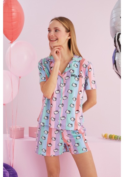 Siyah İnci Lisanslı %100 Pamuk Çok Renkli Düğmeli Şort Pijama Takım Hk159