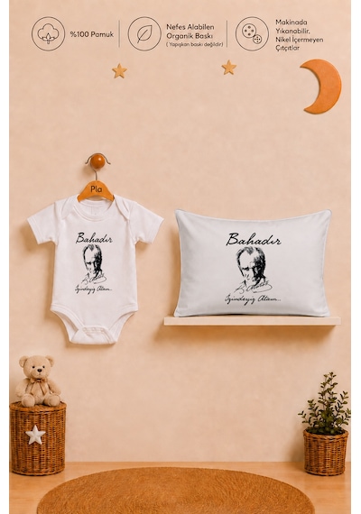 Pia Baby Erkek Bebek İsme Özel Hediye Seti %100 Pamuk Body Yastık Kılıfı Ve Ham Bez Bebek Kıyafet Kesesi 2022byk2x Ekru