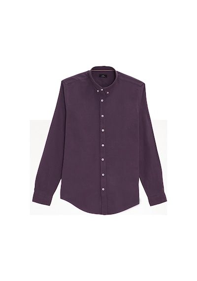 Tudors Erkek Slim Fit Dar Kesim %100 Pamuk Düğmeli Yaka Flam Keten Mor Gömlek-50276