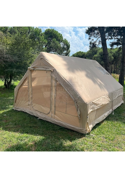 Yek Outdoor 420d Oxford 12 Kişilik 4 Mevsim Soba Çıkışlı Şişme Kamp Çadırı Pompalı, 400x300x210 Cm Krem