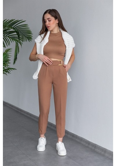 Neşeli Butik Kadın Camel Tokalı Ofis Pantolon Qns038