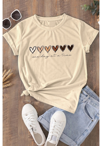 Unisex Hearts Baskılı Tasarım Tshirt Bej