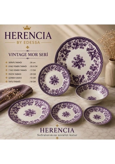 Herencia Vintage Mor Seri Porselen Sofra Takımı Beyaz