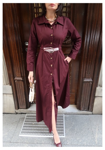 Kechi Woman Poplin Kumaş Akseusarlı Elbise Bordo
