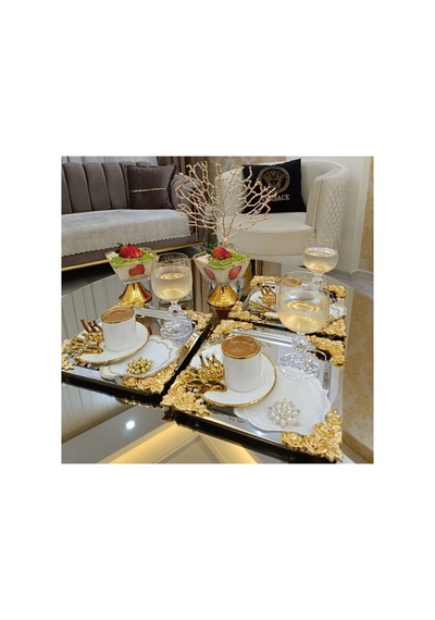 Gümüş Gold Detaylı 18/10 Çelik Kahve Sunum Tepsisi 6 Adet Gümüş