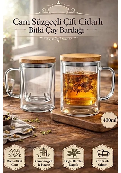 2li Borosilikat Çift Kat Bitki Çay Bardağı 400 Lm Cam Süzgeçli Bambu Kapaklı Kupa Kulplu Demlik Mode Şefaf