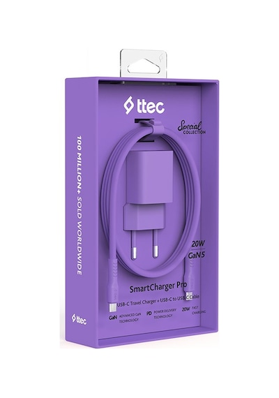 Ttec Smartcharger Gan 20w Pd Seyahat Hızlı Şarj Aleti + Usb-c - Usb-c 3a Kablo Neon - Mor