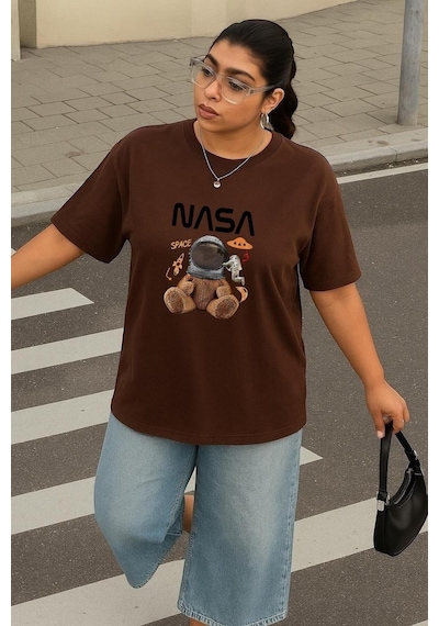 Benroma Büyük Beden Nasa Ayicik Baskili Unisex Tişört Kahverengi