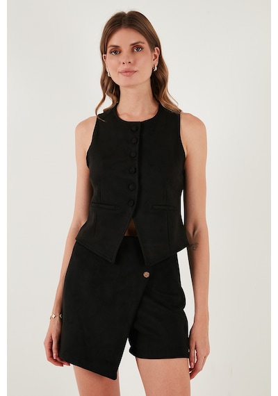 Lela Fitted Fit Bisiklet Yaka Düğmeli Yumuşak Dokulu Bayan Yelek 5866435 Siyah