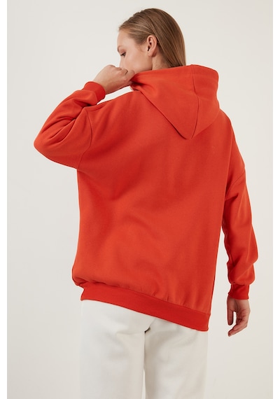Lela Regular Fit Pamuklu Kapüşonlu Yaka Şardonlu Kışlık Bayan Sweat 5863854 Oranj
