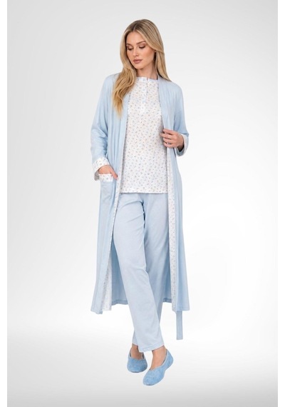 Mecit Pijama Mecit 6397 Mavi Kadın Uzun Sabahlıklı Pijama Takımı