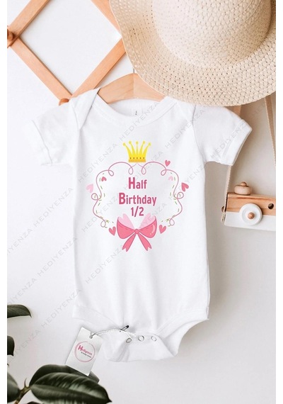 Hediyenza Half Birthday 3 Özel Tasarım Bebek Zıbın Pamuklu Çıtçıtlı Body Beyaz