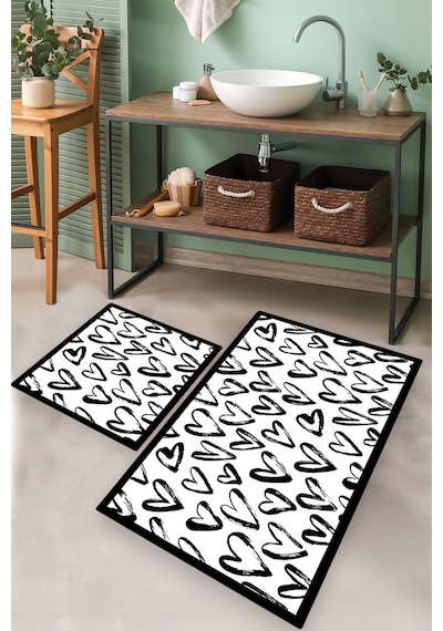 SMALL HEART DJT 2 LI SET Banyo Halısı Banyo Paspası Siyah