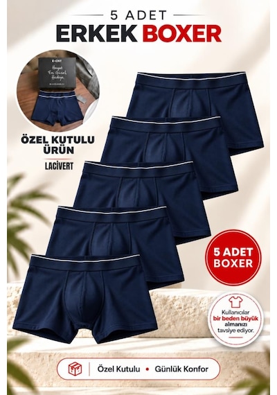 Trendybee Erkek Slim Fit Lacivert Boxer 5 Adet Paket Likralı Rahat Kesim Özel Kutulu