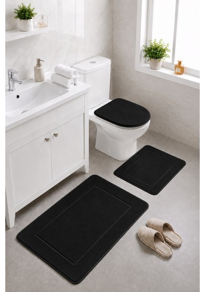 Siyah 3'lü Banyo Halısı Paspası Seti Kaymaz Tabanlı Yıkanabilir Klozet Takımı Venisa