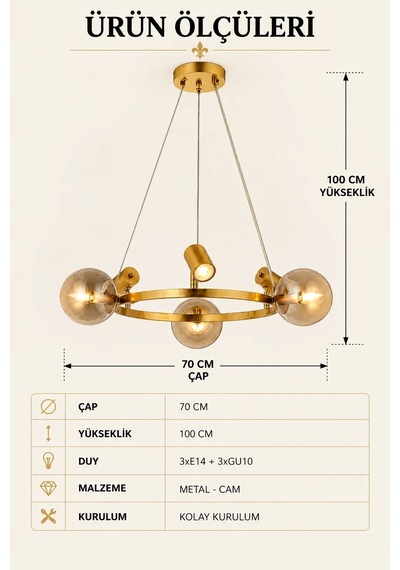 Modern Premium Gold 3xe14 + 3xgu10 Modern Cam Küreli Dekoratif Sarkıt Salon Oturma Odası Avizesi