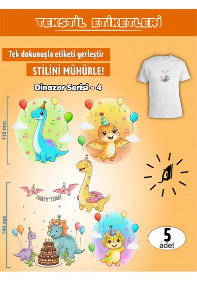 Ütü Ile Yapışan Kıyafet Etiketi Dinozor Serisi -4 5li Set Karışık