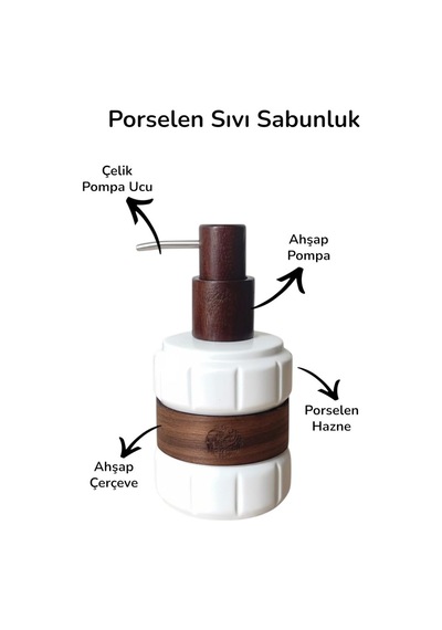 Ahşap Detaylı Porselen Sıvı Sabunluk 450 Ml Çelik Pompa Uçlu Mutfak Ve Banyo Deterjanlık Kahverengi