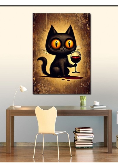 Kanvas Tablo Şarap Tutan Siyah Kedi 50cmx70cm