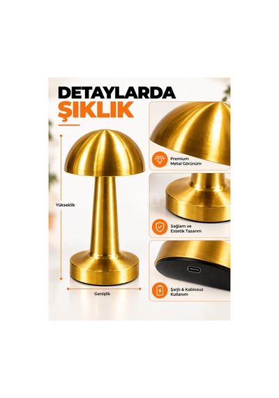 Gold Mantar Masa Lambası Şarjlı Kablosuz Dokunmatik 3 Renk Led Dekoratif Abajur Sarı