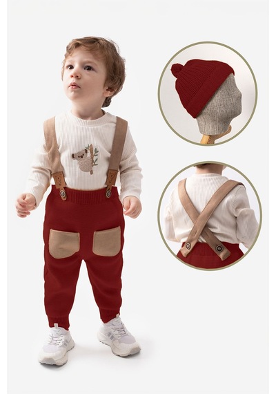 Miniğimin Cicileri Triko Salopet Erkek Bebek 3 Lü Takım - Kiremit