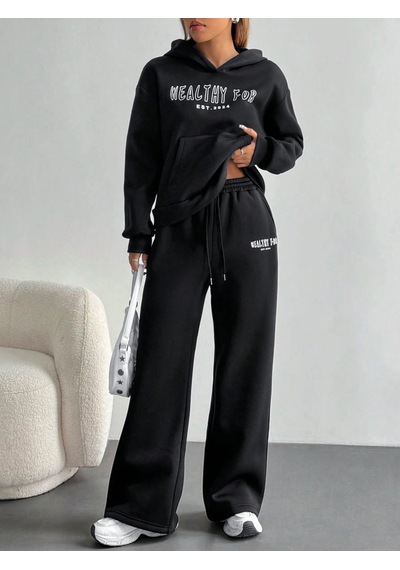 Macklin Unisex Kadın Erkek Healty For Baskılı Oversize 3 İplik Kapüşonlu Sweatshirt Ve Baggy Eşofman Altı Siyah