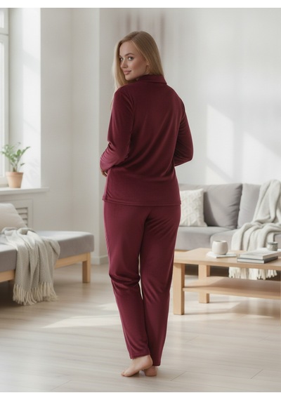 Estiva Kadın Önden Düğmeli Büyük Beden Kadife Pijama Takımı Bordo