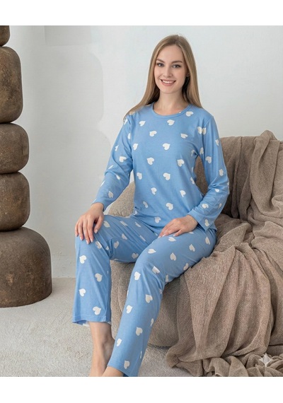 Lindros 0440 Kadın Süet Uzun Kol Pijama Takımı Mavi