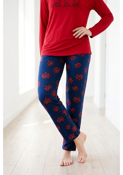 Mataş Kadın Desenli Bambu Viskon Uzun Kollu Soft Örme Mevsimlik Yumuşak Pijama Takımı Kırmızı
