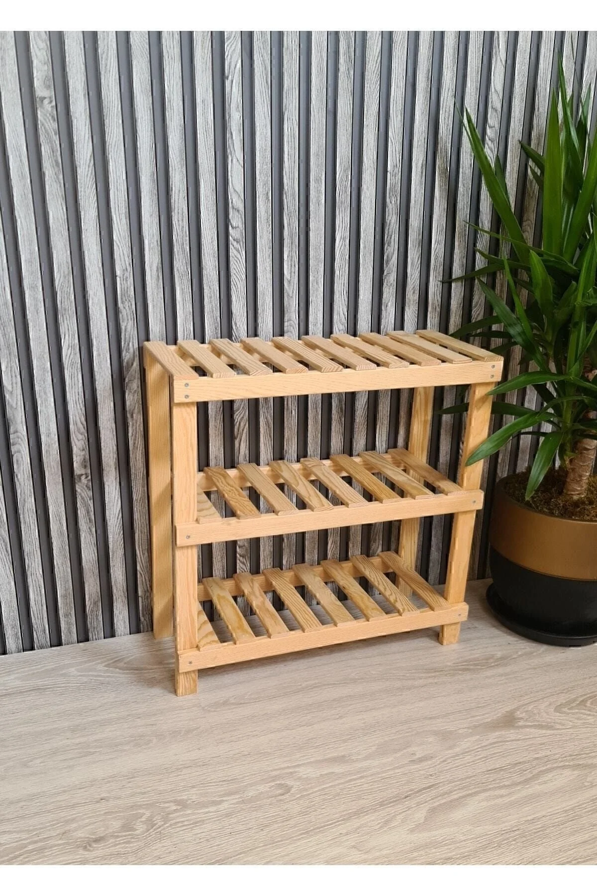 Ahşap Dekoratif 3'lü Doğal Ahşap Ayakkabılık, Antre, Balkon Düzenleyici Raf