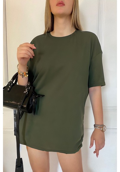 Flood Of Style Kadın Oversize Dökümlü Tok Kumaş Kısa Kollu Tişört Haki