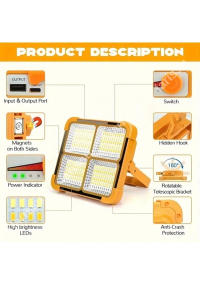 4'lü Set Solar Kamp Projektörü - 12000 Mah Powerbank Özellikli, Çakar Modlu Sarı