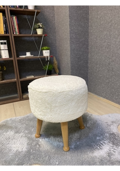 Asedia Miskin Naturel Teddy Krem Ahşap Ayaklı Peluş Puf Makyaj Koltuğu Yuvarlak Tabure