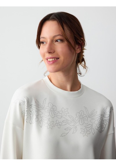 Jimmy Key Beyaz Bisiklet Yaka Uzun Kollu Çiçek Desenli Örme Sweatshirt 5sw232779100