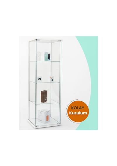 3 Raflı Kilitli Cam Vitrin Beyaz Gümüşlük Sergi Vitrini Kitaplık Büfe Beyaz