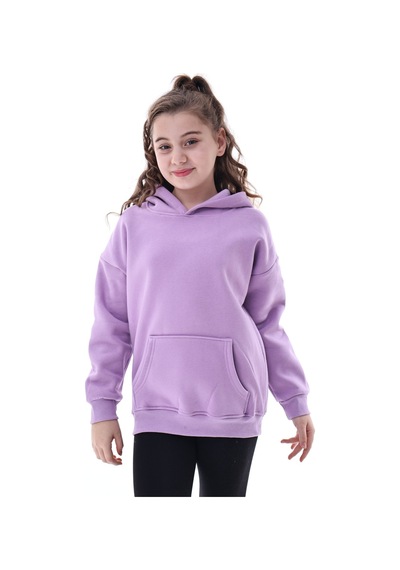 Unisex Çocuk Kapüşonlu Sweatshirt 5-14 Yaş Oversize Günlük Spor Lila Mor